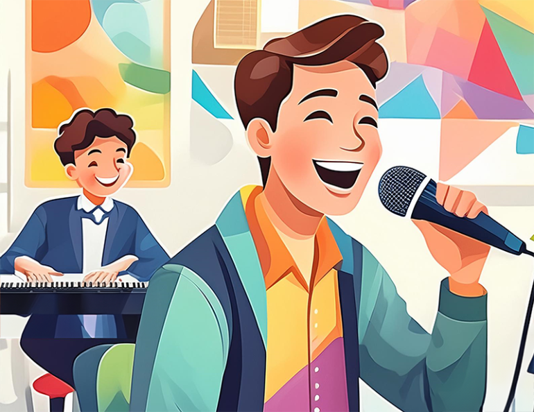 gutt synger og lærer spiller piano